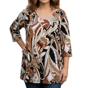 Susan Graver Liquid Knit Tunic Womens Size 2X Brown Abstract Geo Paisley Top